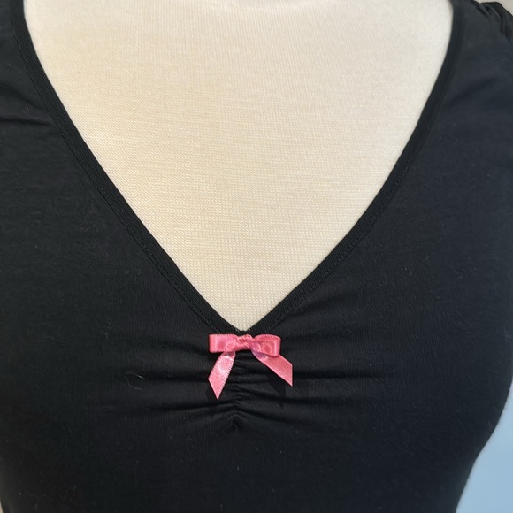 Betsey Johnson Intimates Black Top with Pink Bow, Mesh Sleeves, Size Medium, EUC - Picture 2 of 7